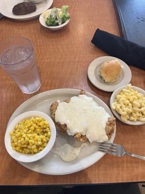 Chicken Fried Chicken Combo, macaroni and cheese, corn, dinner roll