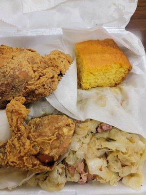 Wednesday special: Cabbage, rice, cornbread,  and fried chicken