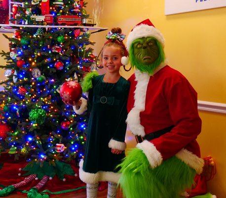 Cindy Lou and the Grinch in our Patient waiting room.