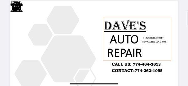 CALL US AT 774-464-3613


7742621095 DAVES CAR CARE CENTER 

AUTO REPAIR AND SALES