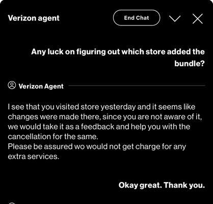 Verizon Agent letting me know it was the store who added this charge to my account.