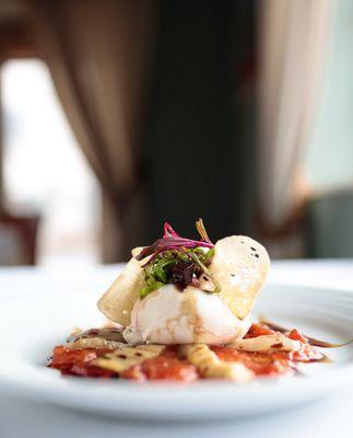 Burrata with Tomato'Jam', Roasted Fennel, Micro Beet Salad and Aged Balsamic