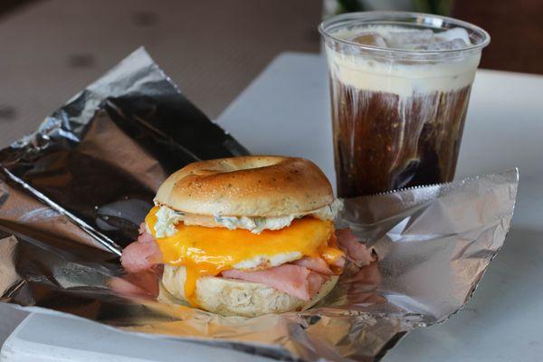 Basic with Egg bagel sammie and a cold brew with cold foam!