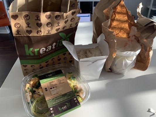 Meltdown Salad from Kreation and Green Curry in unmarked bag