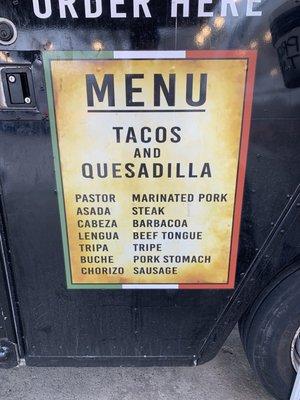 Menu items - $2.50 per taco as of 04.21.2023