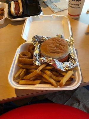 Looks good so far. 1/4 lb burger w/ fries and onion rings.