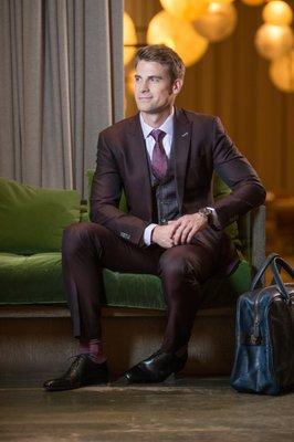 Balani Custom - Burgundy Three Piece suit with plaid vest.