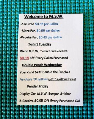 Water prices and our promotions!