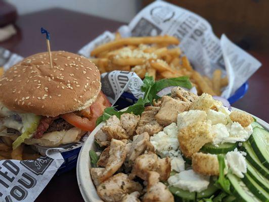 Aphrodite Salad, Slayer Burger and garlic fries