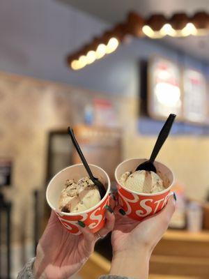 Salted & Malted Chocolate Chip Cookie Dough Pint- fiancé's favorite flavor (left) & yummy Seasonal Almond Brittle w/ salted ganache (right)