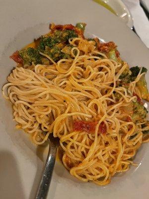 Angel Hair pasta with Vodka Sauce, broccoli, and sun-dried tomatoes