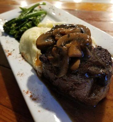 8oz Filet w/ Paris Mash, Broccolini, and Mushroom Demi Glaze