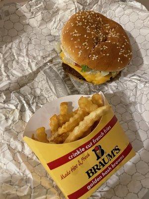 Crinkle Cut French Fries and cheeseburger