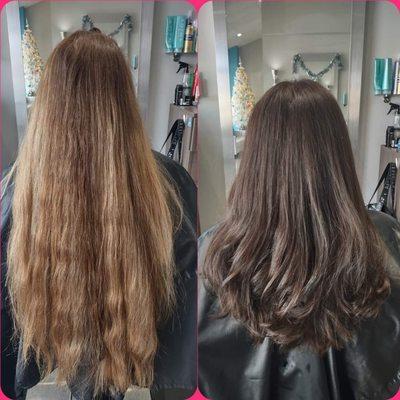 Before (left) and after(right) mid length layered hair cut and redken color gels to change blonde to darker brown.