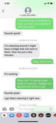 Conversation with salesman informing the fridge was working.