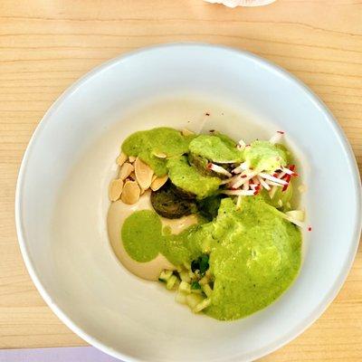 Green Gazpacho, almond flakes, cucumber, radish, green grapes