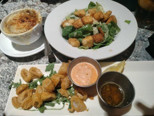 Caesar Salad, Baked French Onion Soup, Calamari