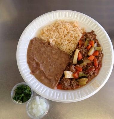 Monday Special ground beef  and veggies rice and beans $6.00