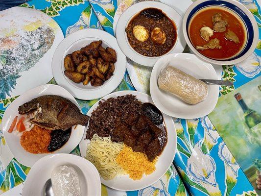 kenkey with fish, peanut butter soup with rice ball, waakye with beef, beans (red red) with egg