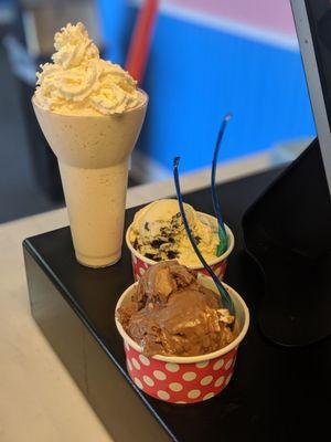 Milkshake and some rocky road and cookies and cream