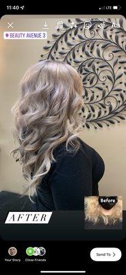 18" tape in extensions in silvery purple curls. Photo from right side.