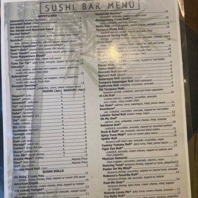 Sushi Bar Menu