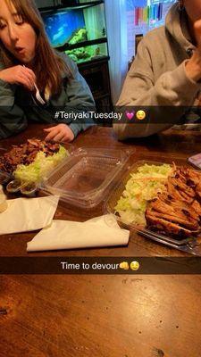 One Chicken and one beef teriyaki with coleslaw and rice