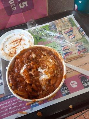 Chili combo; chili, fries and milkshake.  Fresh chili, thick and hearty for a cold day.