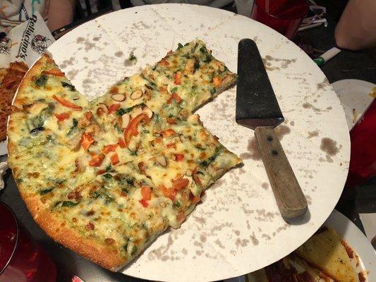 Chicken Pesto pizza! Yum! Sorry for the photo of a half eaten pizza but we couldn't wait! It was absolutely delicious!