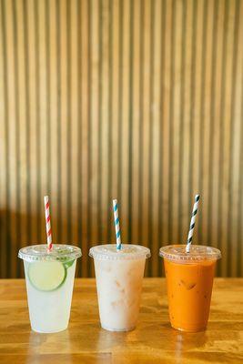 Our Basil-Limeade, Lychee Soda and Thai Iced Tea.