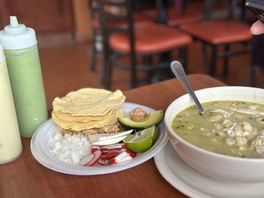 Green hominy soup with the fixings