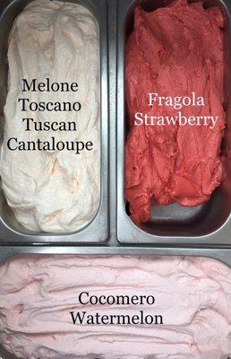 Melone Toscano/Tuscan Cantaloupe Fragola/Strawberry Cocomero/Watermelon  All of our sorbetti are vegan, lactose-free & dairy-free.