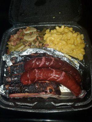 2 meat plate $20.  Ribs, sausage, macaroni & cheese and green beans.