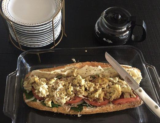 Foot long veggie 5 grain bread/ eggs made at home... breakfast is served!