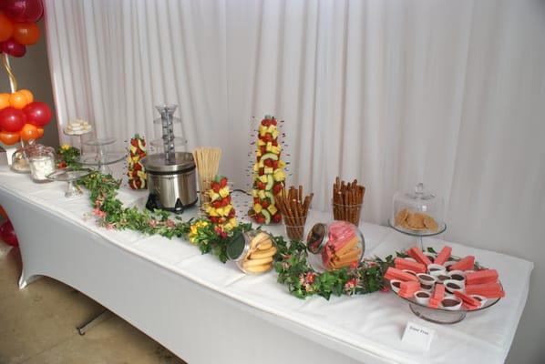 Our dessert table complete with chocolate fountain.