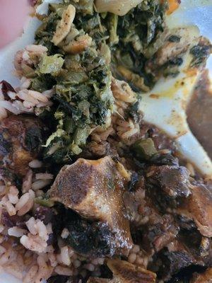 Oxtails, rice and peas, callaloo