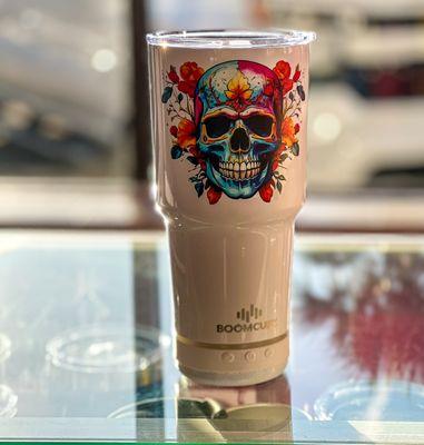 Custom Bluetooth music-playing tumbler featuring a vibrant UV-printed sugar skull design! This unique tumbler from SLE Customs combines func