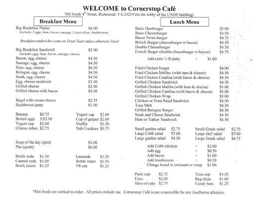 Cornerstop Cafe breakfast and lunch menu