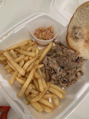 Chopped BBQ sandwich, Fries and something that they called "Cole slaw" but tastes more like applesauce