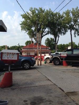 View of the little Maid-Rite shack from our car