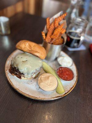 Mushroom Swiss burger, sweet potato wedges.