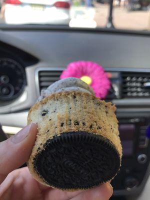 Cookies and cream cupcake with an Oreo on the bottom! What a nice surprise.