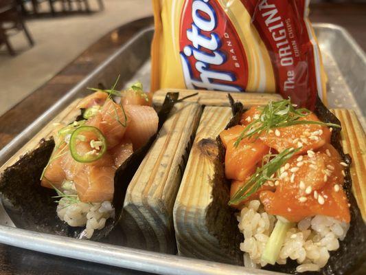 Handrolls - Hamachi to the left and salmon to the right