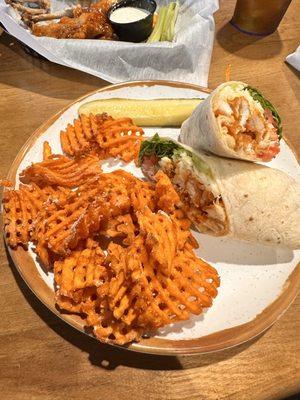 buffalo chicken wrap, sweet potato fries