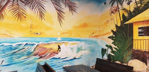 mural on wall by dining tables