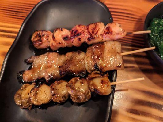 Chicken thigh (top), pork belly (middle), scallop (bottom) skewers