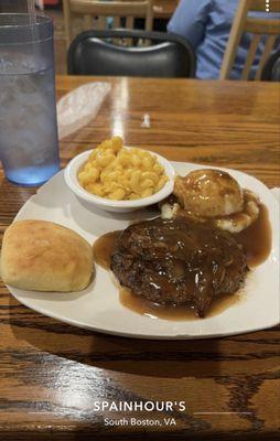 hamburger steak with mashed potatoes and mac and cheese