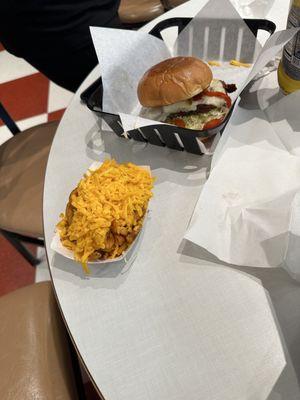 Spicy chicken sandwich with cheese fries