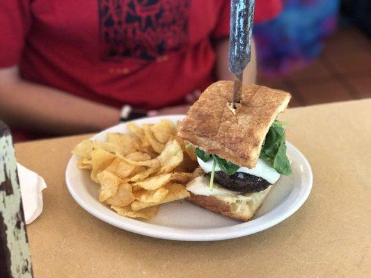 Monkey Burger with lemon pepper homemade chips.