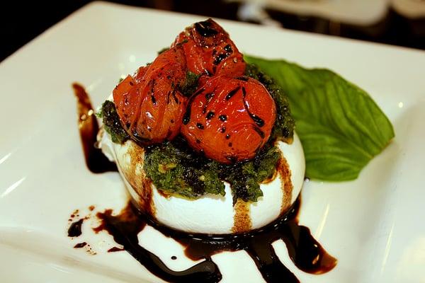 Burrata Caprese - Burrata Cheese, Sea Salt, Basil Pesto, Roasted Cherry Tomatoes, Fresh Basil, Extra Virgin Olive Oil